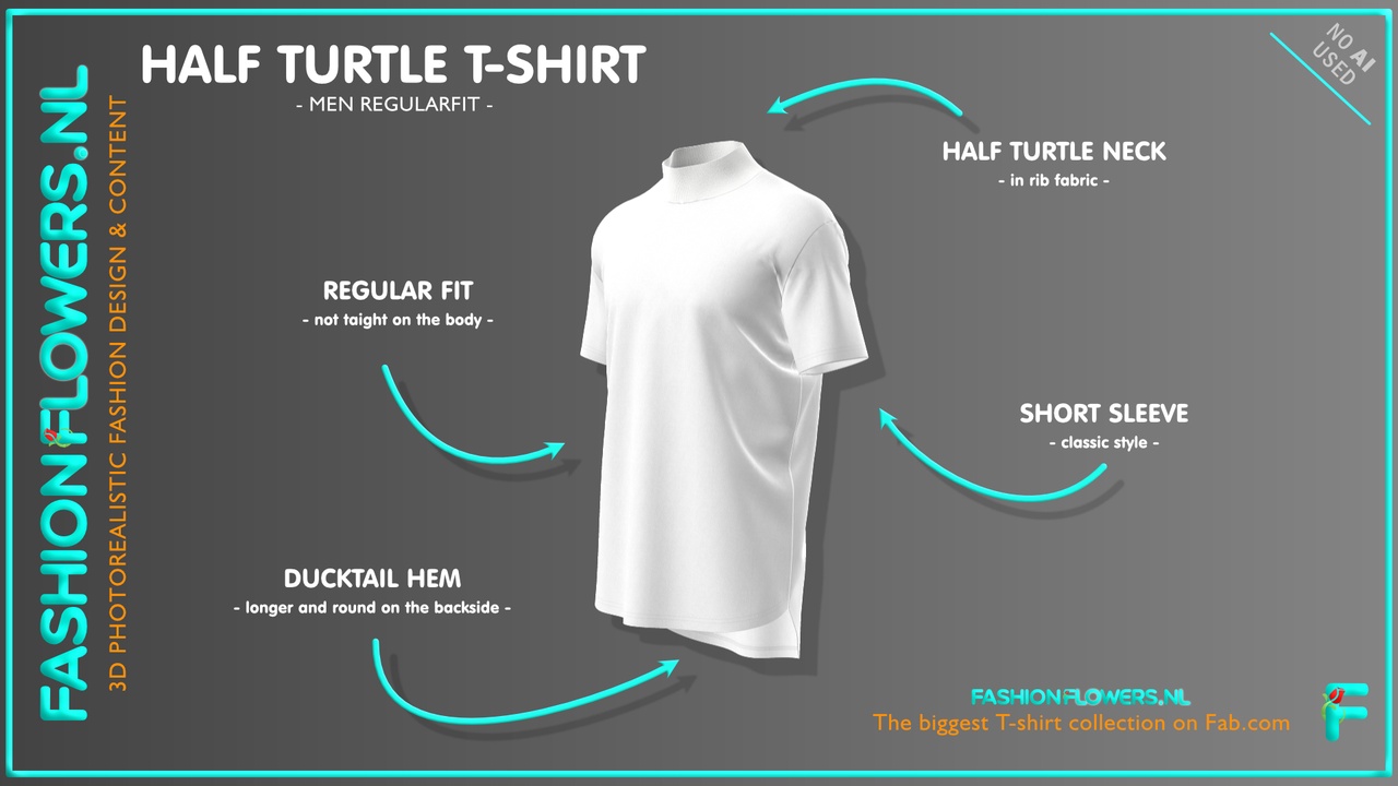 Media 1 for listing White Colour Ducktail Half Turtleneck T-shirt | Short Sleeves | Longer Backside