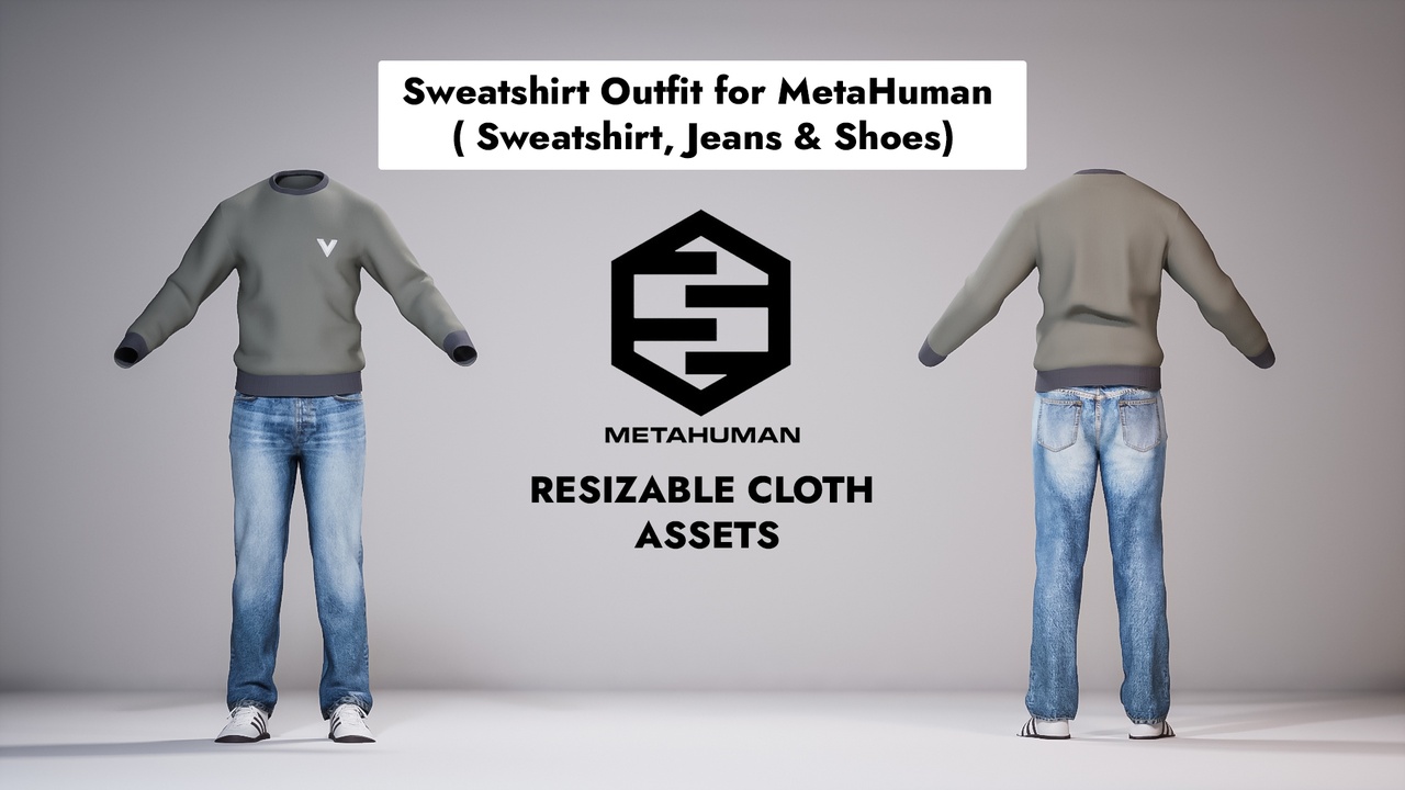 Media 1 for listing Sweatshirt Outfit for MetaHuman (Resizable | Sweatshirt, Jeans & Shoes)