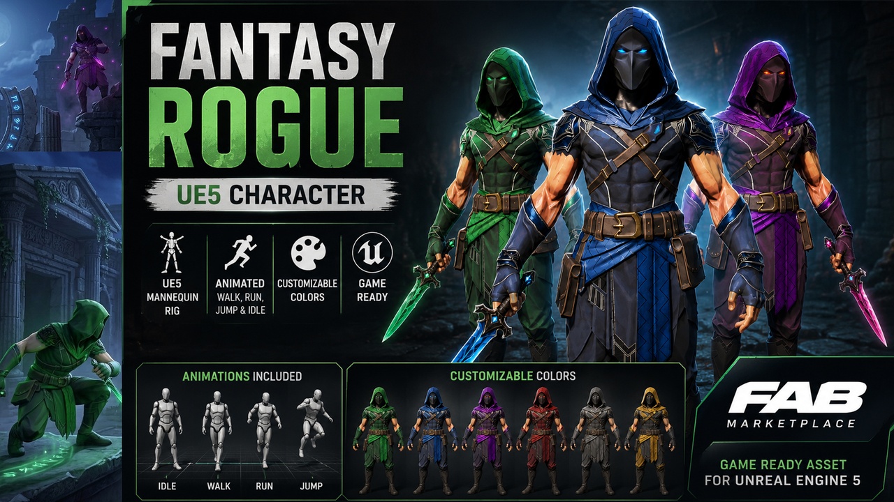 Media 1 for listing Stylized Fantasy Rogue | UE5 Mannequin Rig | Customizable Colors