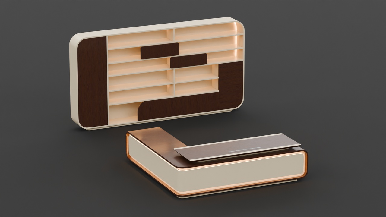Media 1 for listing Futuristic L-Shaped Executive Office Desk & Cabinet Unit (Dark Walnut & Cream)