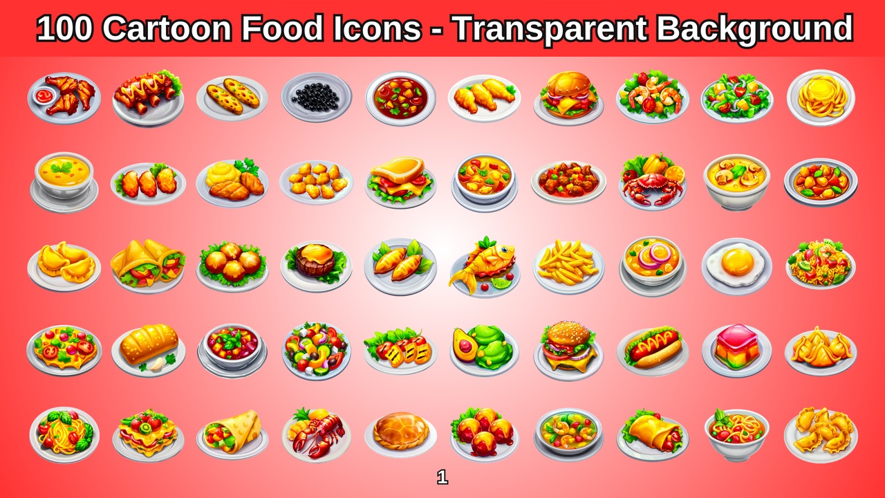 Media 1 for listing 100 Cartoon Food Icons - Transparent Background