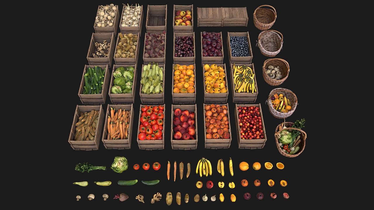 Media 1 for listing Vegetables and Fruits Bazaar Food Market Stall Medieval Set