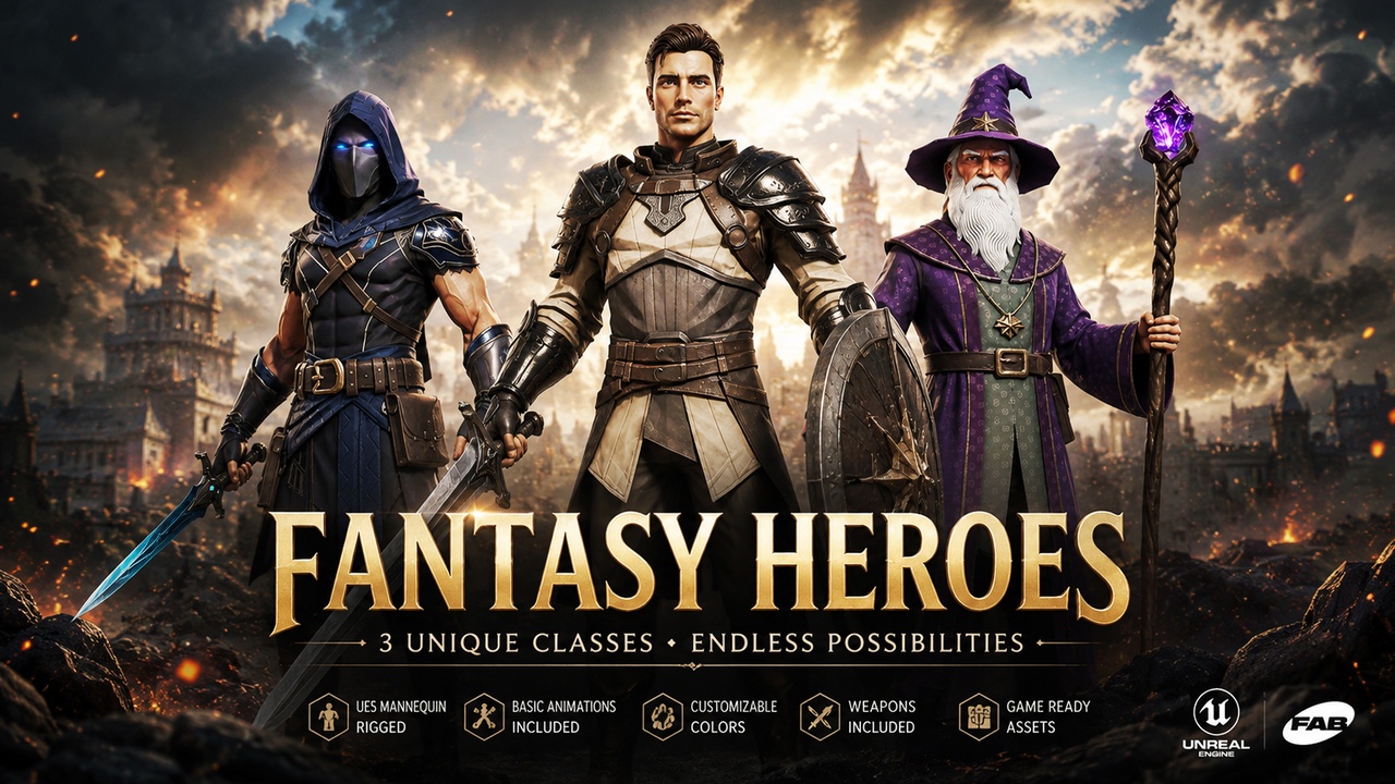 Media 1 for listing Stylized Fantasy RPG Character Pack | Warrior, Assassin & Mage | UE5 Rigged