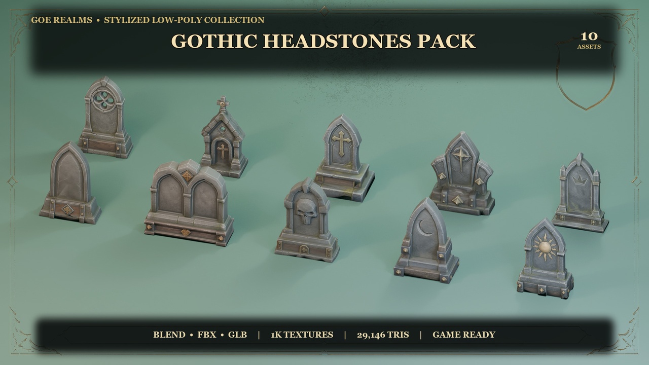 Media 1 for listing Stylized Gothic Headstones Pack – 10 Hand-Painted Props