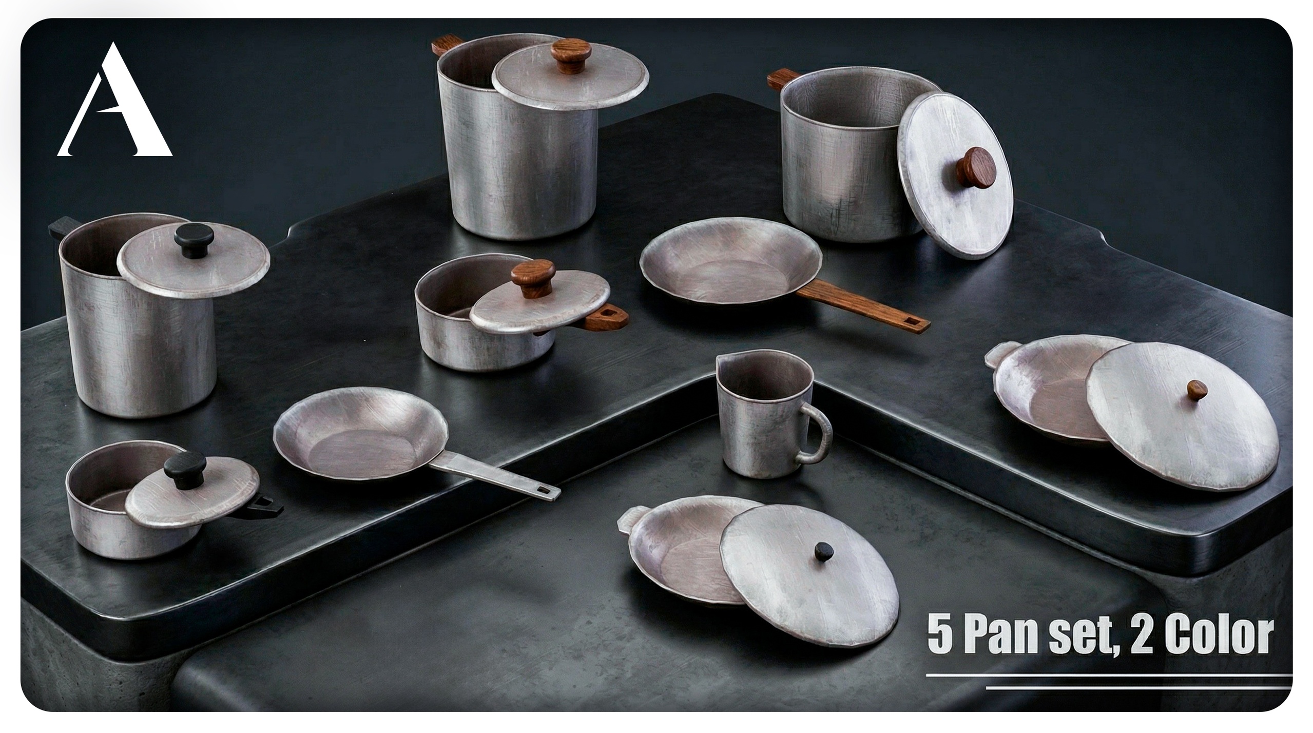 Media 1 for listing Old-Style Metal Cookware Set,  Pots, Pans & Mugs (5 Set, 2 Handle Types)