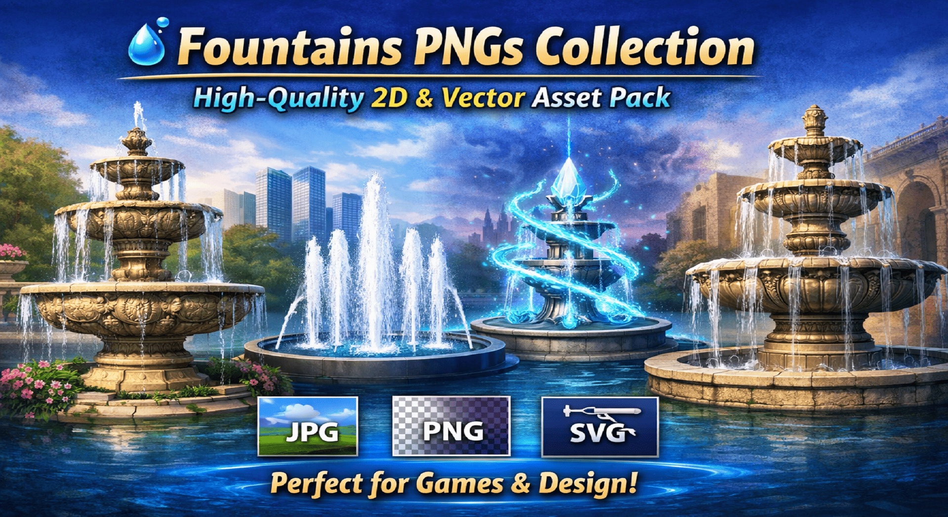 Media 1 for listing 💦 Fountains PNGs Collection – High-Quality 2D & Vector Asset Pack