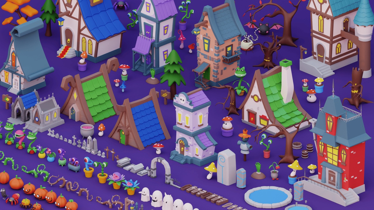 Media 1 for listing Cozy Cartoon Halloween 3D Asset Pack: Spooky Props, Creatures & Environments