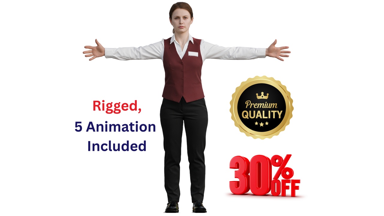 Media 1 for listing Realistic Rigged Female Waitress Hotel Staff Character - 5 Animations PBR