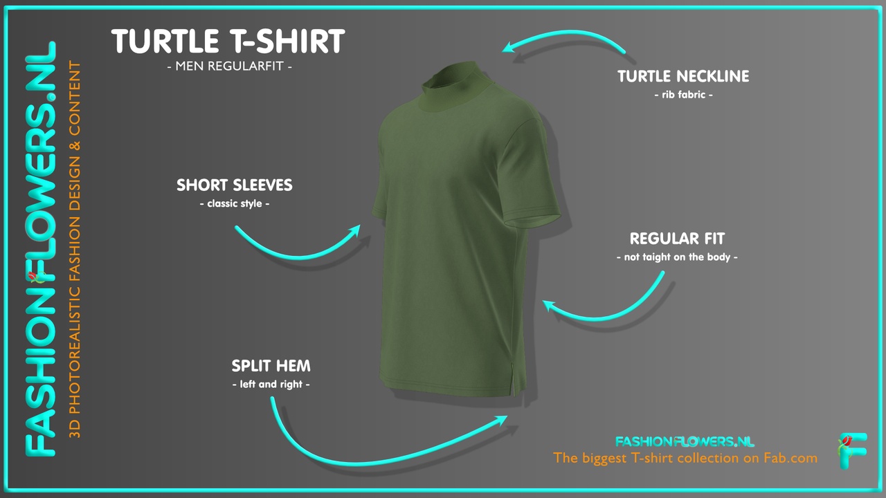 Media 1 for listing Green Colour Half Turtleneck T-shirt | Short Sleeves | Side Seam Splits Tshirt