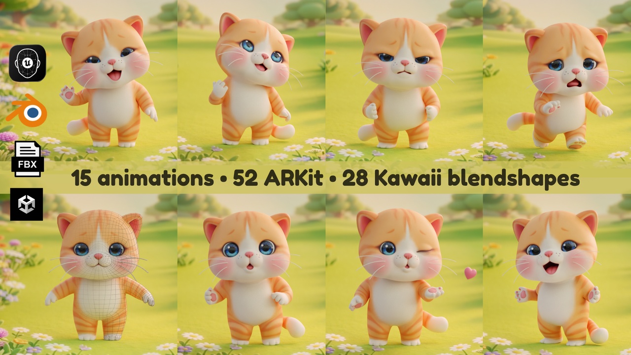 Media 1 for listing Cat Orange Rigged Animated 52ARKit 28 Kawaii Blendshapes Low poly 3D Model