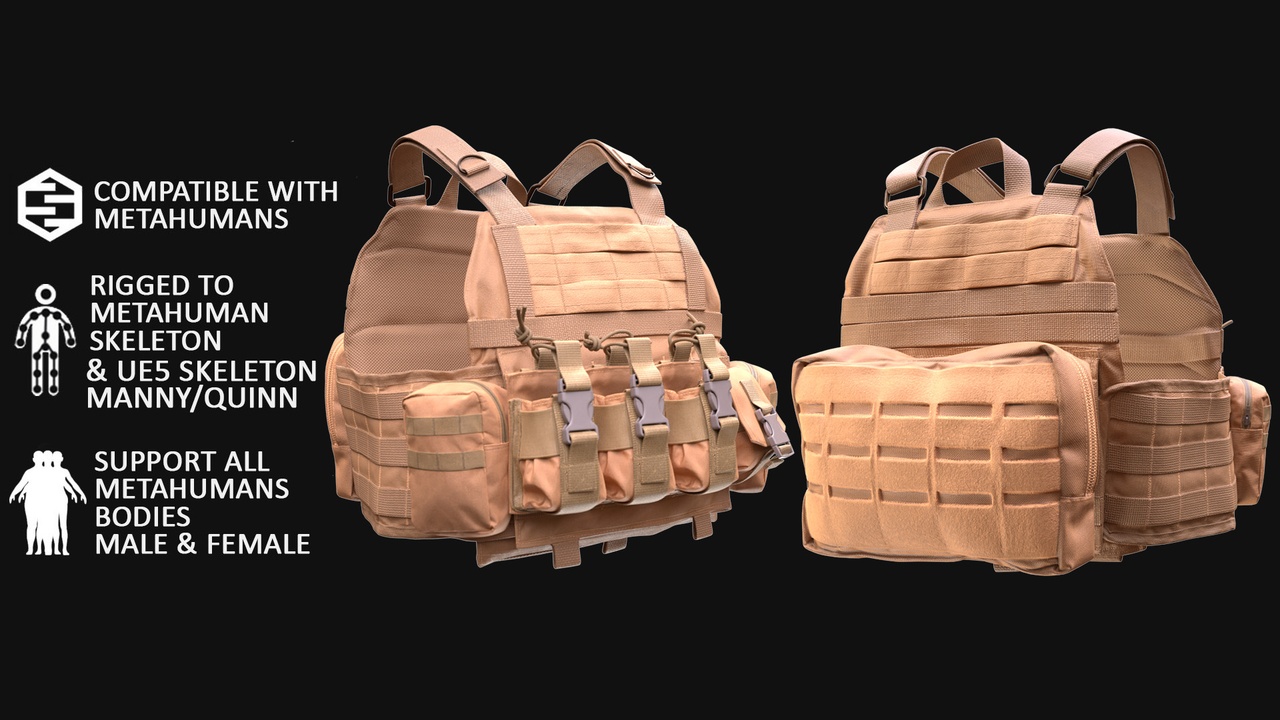 Media 1 for listing Tactical Plate Carrier MetaHuman, Rigged 3D Model 18 — UE5 Manny & Quinn