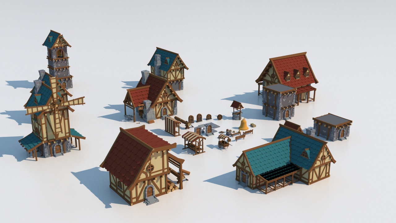 Media 1 for listing Cartoon Medieval Low Poly Village Building