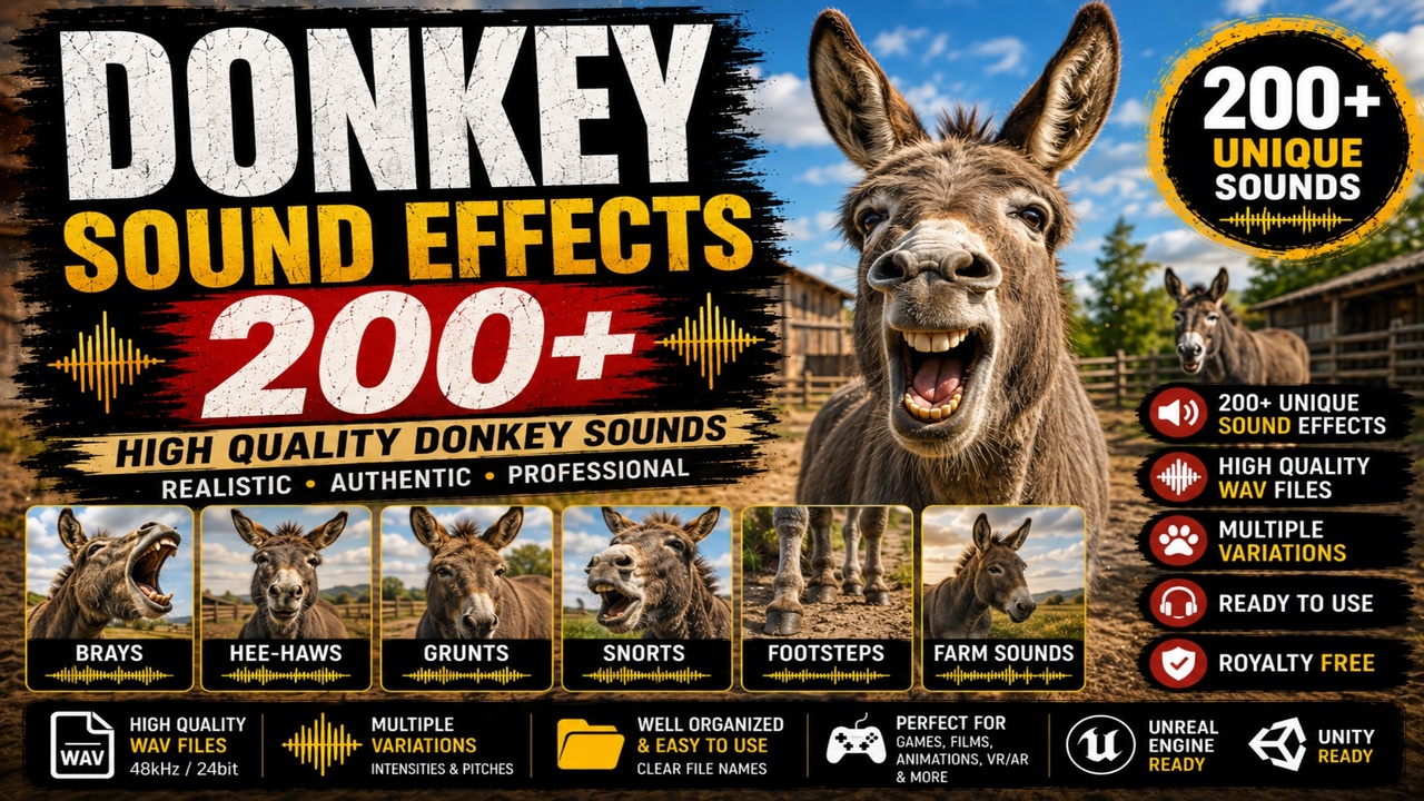 Media 1 for listing Donkey Sounds 200 Sound Effects FX – High-Quality Donkey Brays & Farm Animal
