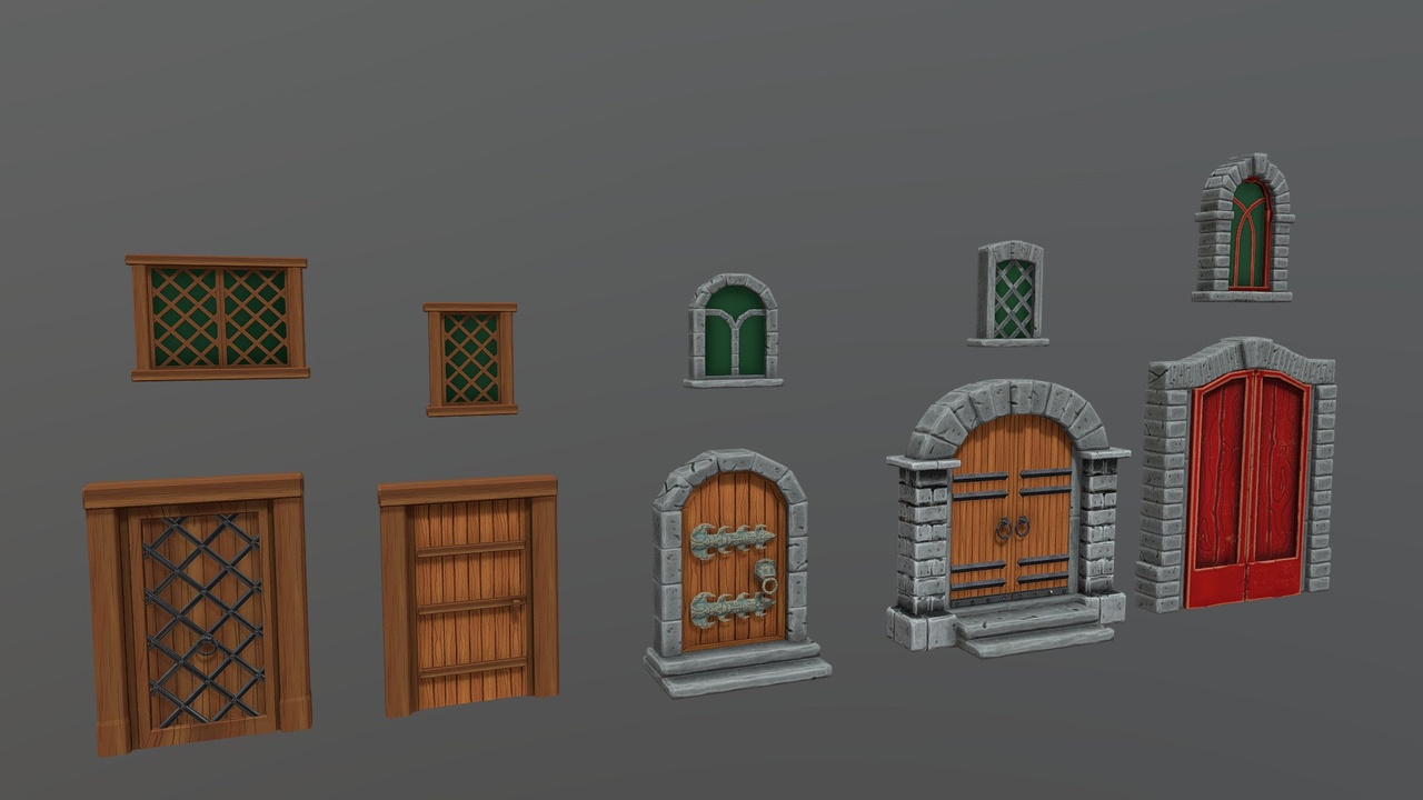 Media 1 for listing Stylized Fantasy Medieval Doors and Windows Pack Lowpoly Handpainted Game Asset