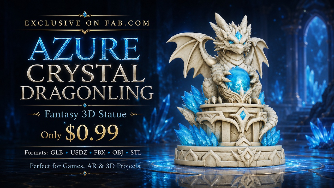 Media 1 for listing Azure Crystal Dragonling | Fantasy 3D Statue | AR Ready