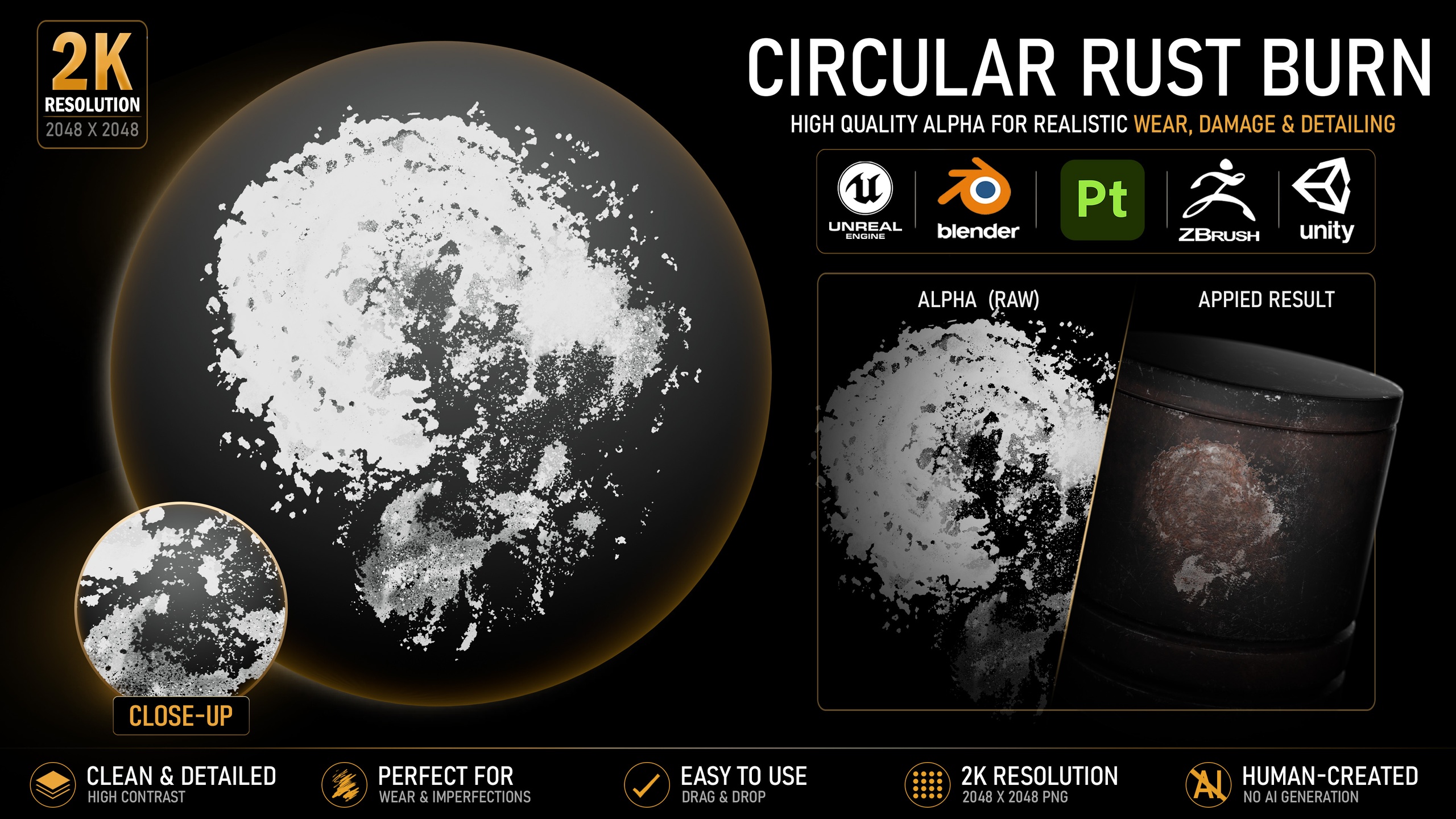 Media 1 for listing Circular Rust Burn Alpha | High-Resolution Grunge Texture