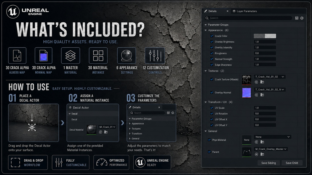 Media 1 for listing 30 Realistic Crack Decals Vol.01 | 4K Smart Material Pack for Unreal Engine