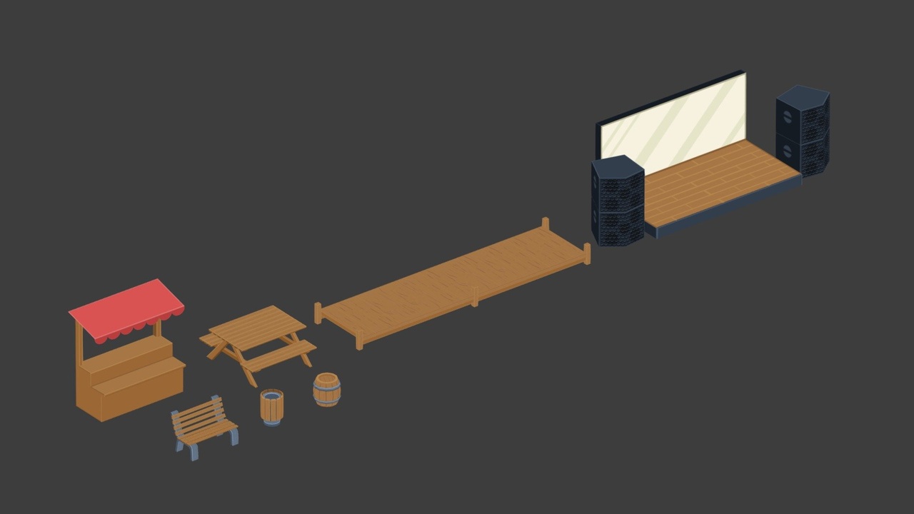 Media 1 for listing Isometric Wooden Bench, Barrel, Pier Bundle Game Asset