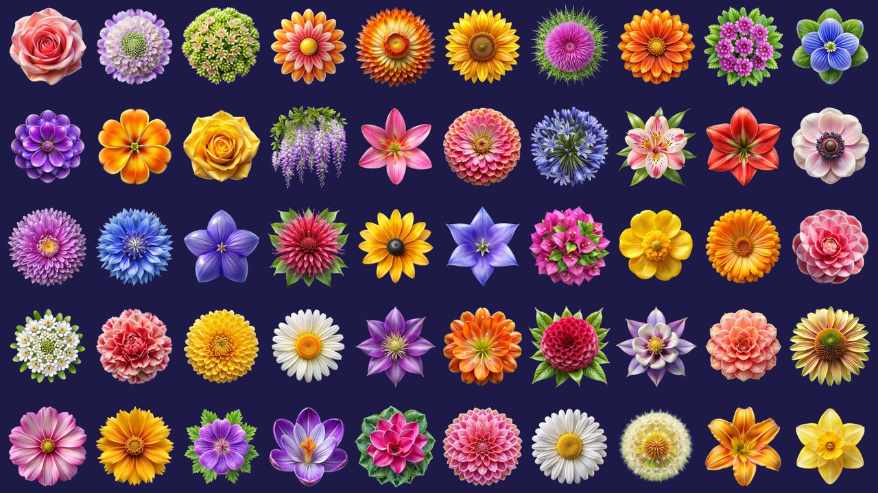 Media 1 for listing Top View Flower Icons - 100 PNG Images for Match-3 and Sorting Games
