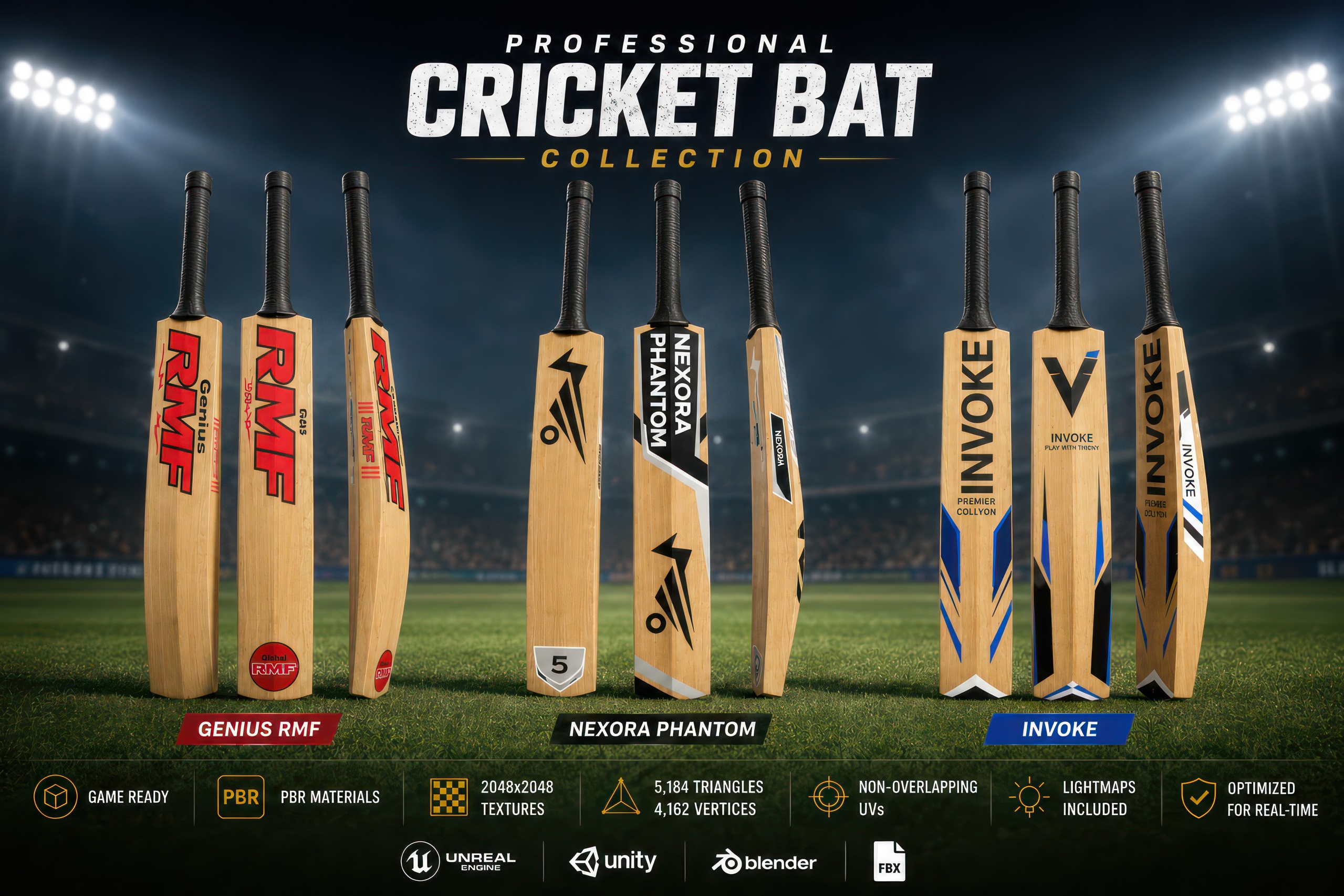 Media 1 for listing Professional Cricket Bat Pack - Game Ready PBR Sports Equipment (3 Variants)