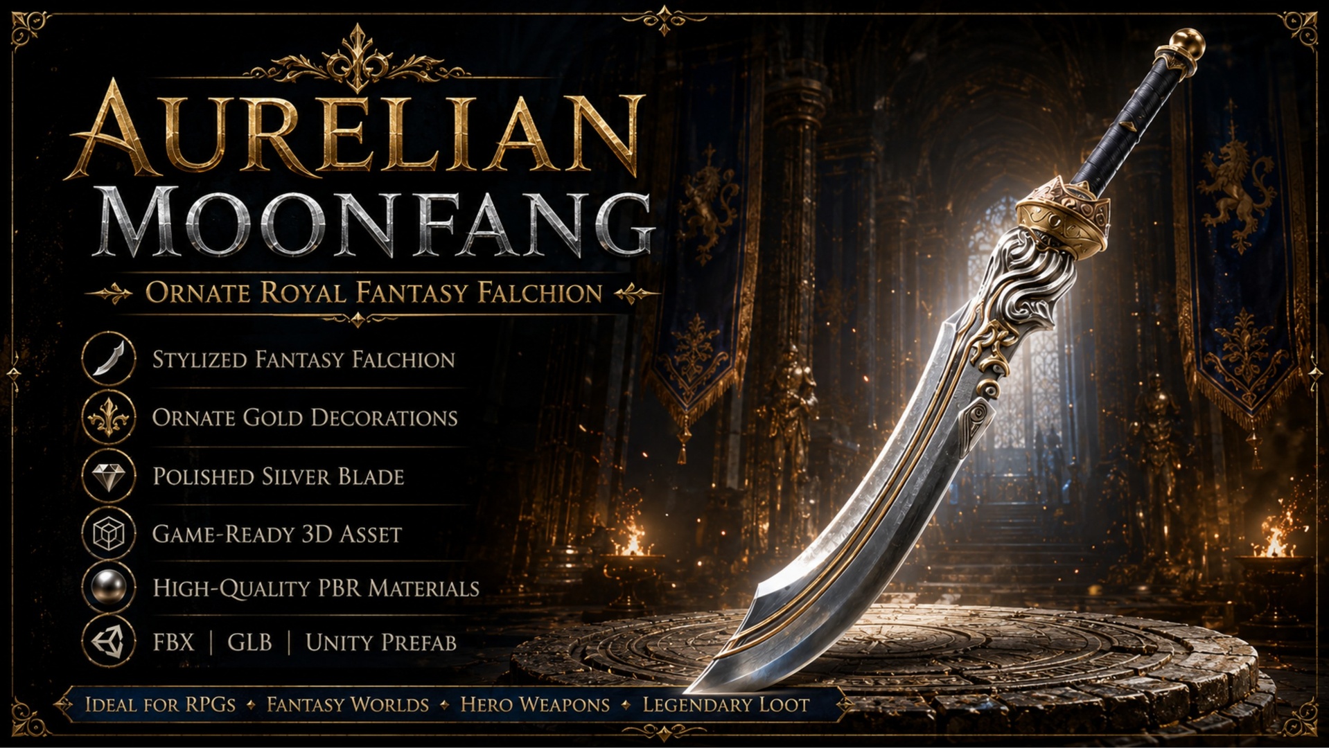 Media 1 for listing Aurelian Moonfang – Ornate Royal Fantasy Falchion
