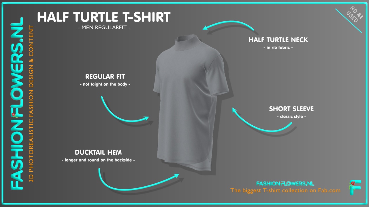 Media 1 for listing Gray Colour Ducktail Half Turtleneck T-shirt | Short Sleeves | Longer Backside