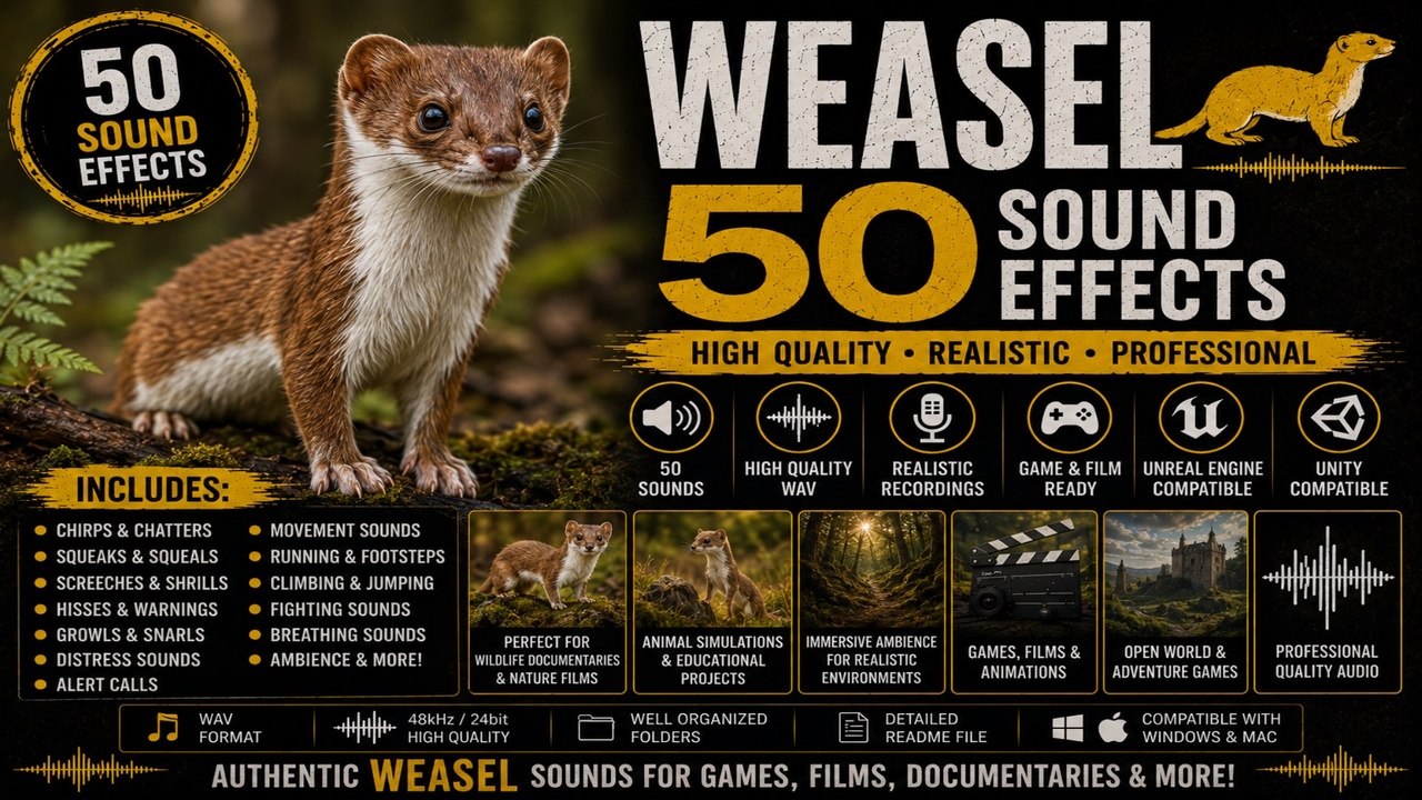 Media 1 for listing Weasel Sounds 50 Sound Effects FX – High-Quality Weasel Squeaks, Hisses, Growls