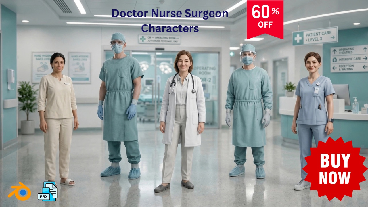 Media 1 for listing NPC Pack 5 Rigged Doctor Nurse Surgeon Characters Game Ready