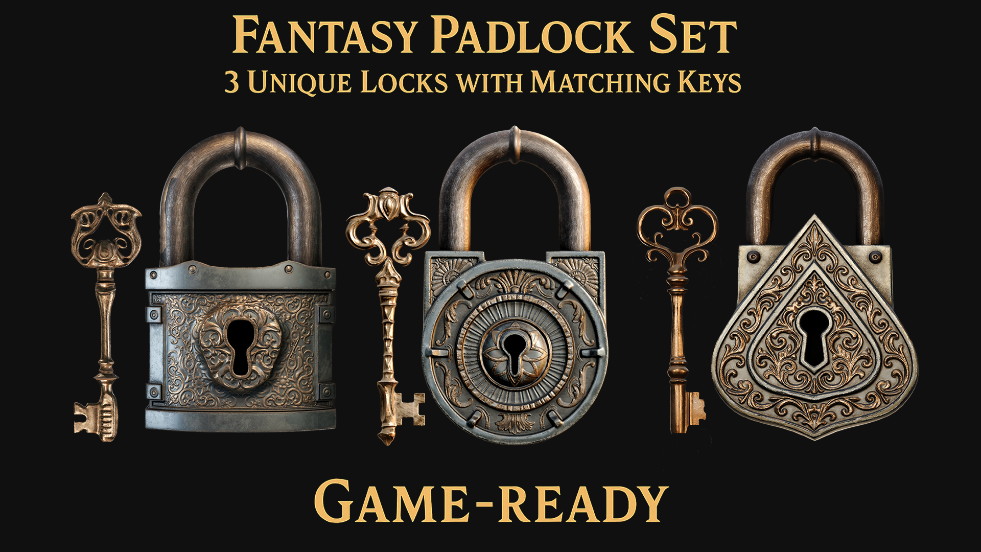 Fantasy Padlock Set – 3 Stylized Locks with Unique Keys | Game-Ready | Fab