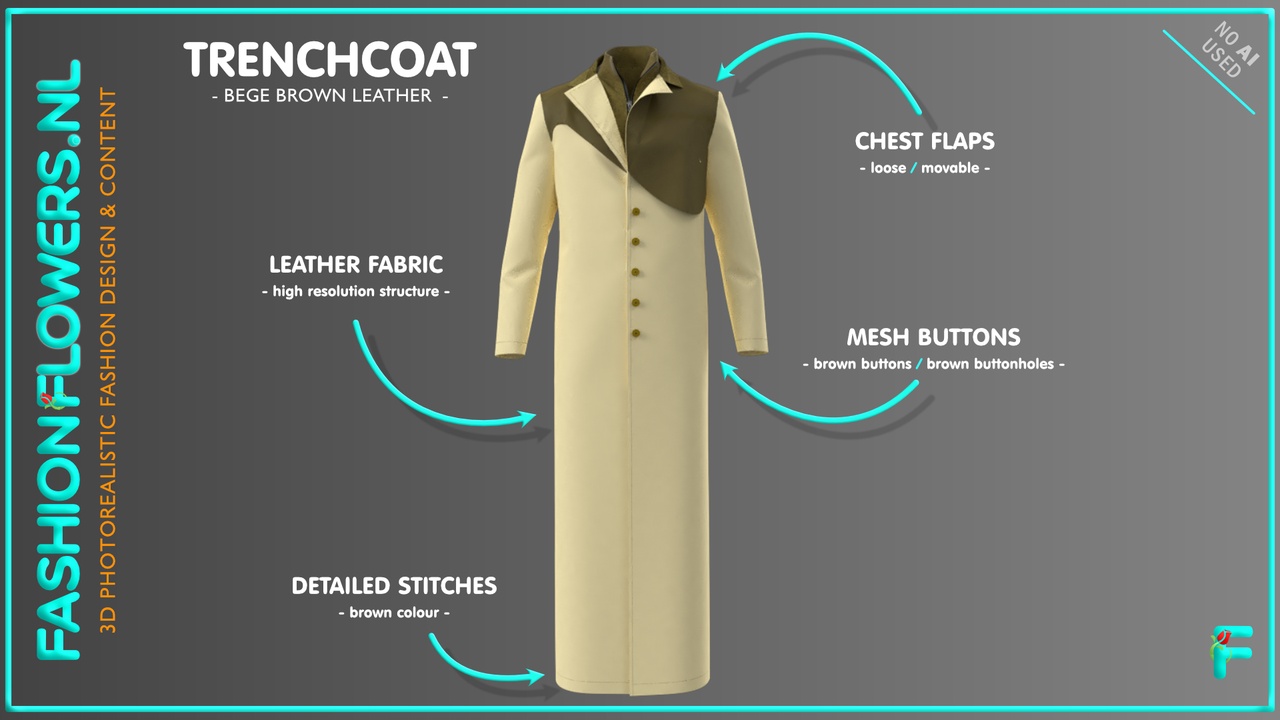 Media 1 for listing Trenchcoat Leather Bege/Brown Zippers | Overcoat | Matrix Coat | Extra Long Coat