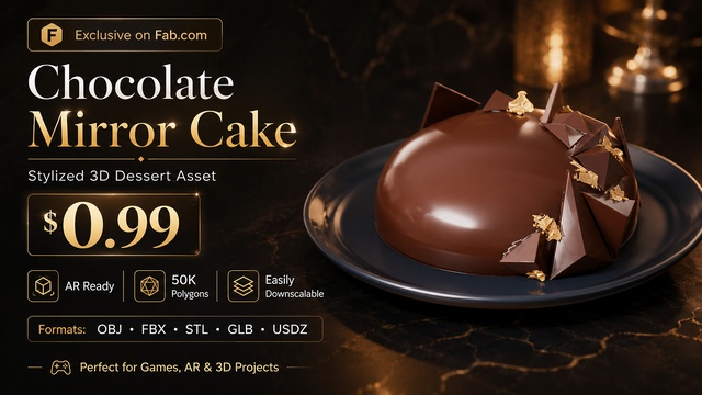 Chocolate Mirror Cake | Stylized 3D Dessert Asset | AR Ready — Cobalt Game Assets