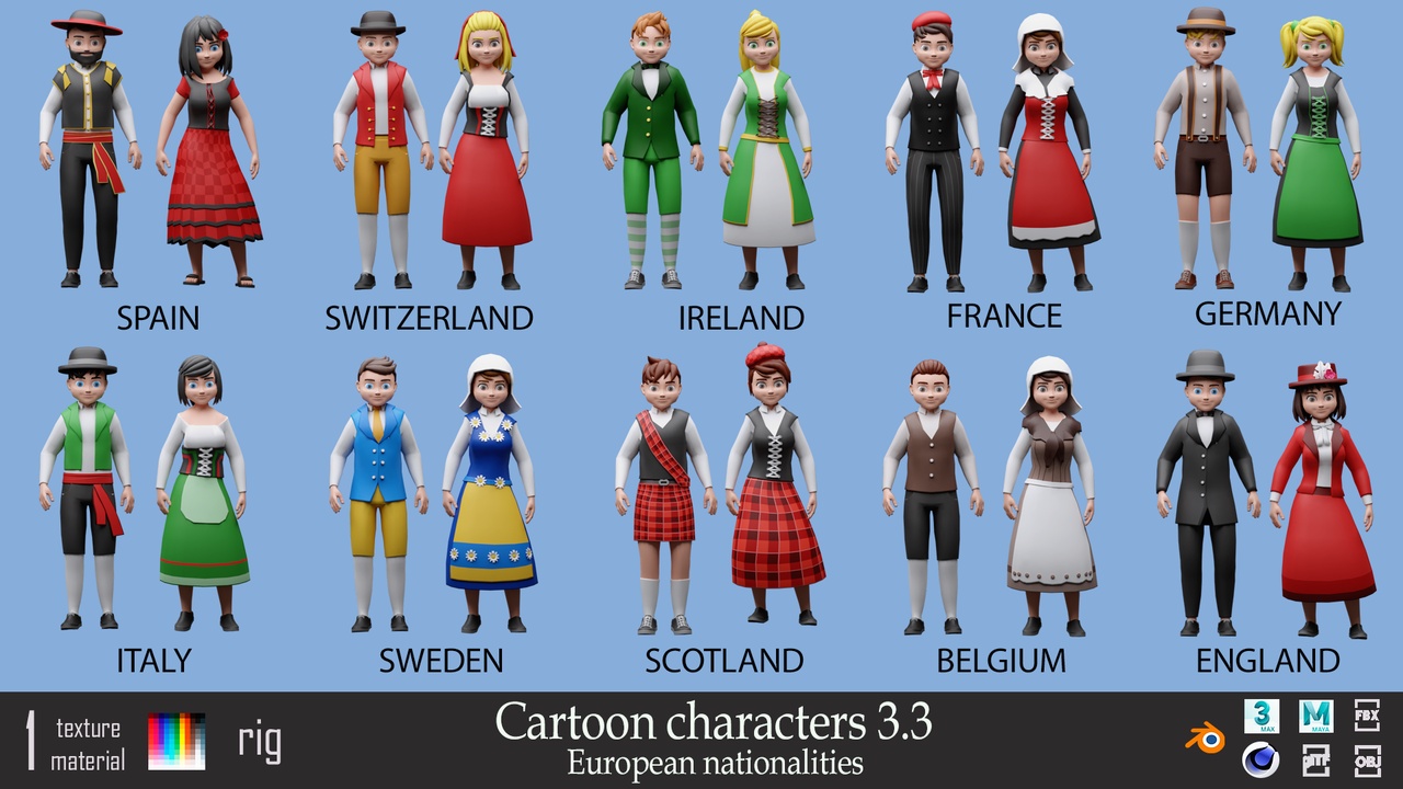 Cartoon characters 3 03 European nationalities - Low-poly asset pack 제품 등록을 위한 미디어 1개