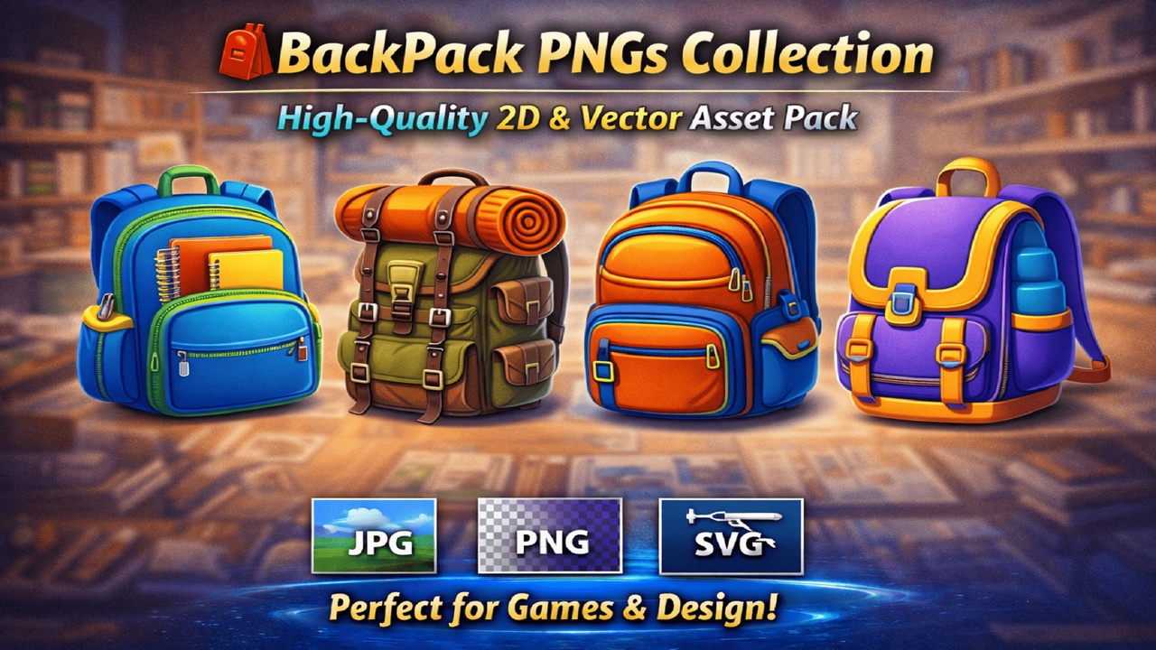 Media 1 for listing 🎒 BackPack PNGs Collection – High-Quality 2D & Vector Asset Pack