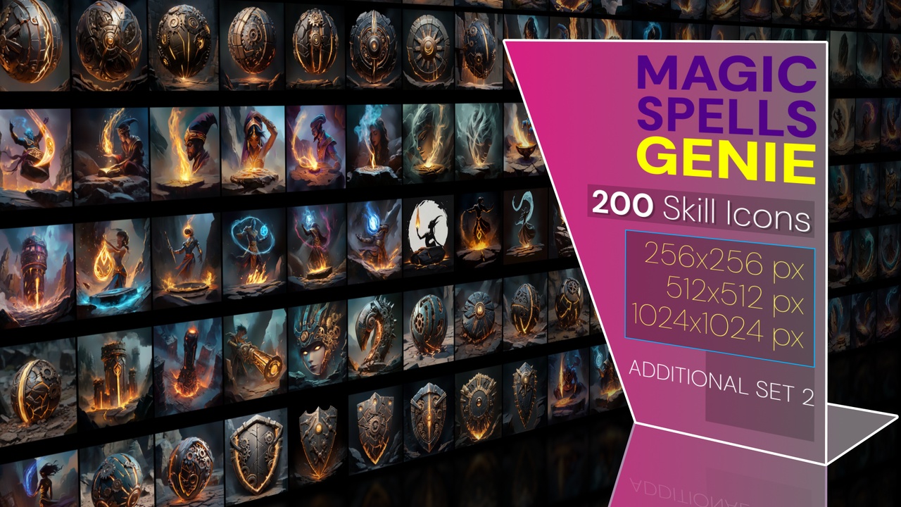 Media 1 for listing 200 additional magical spell icons themed around - Genie. Pack 2