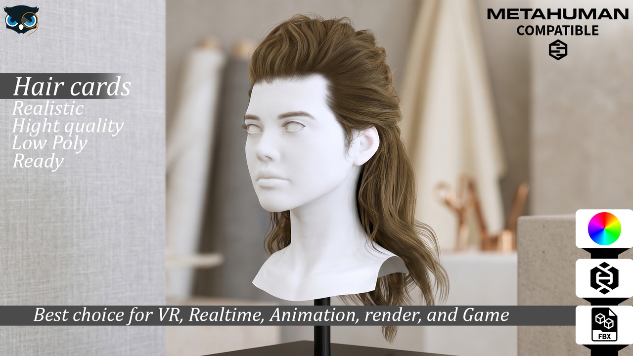 File multimediali per l'articolo Realistic Low Poly Mullet Hair Cards MetaHuman Compatible and Games: 1