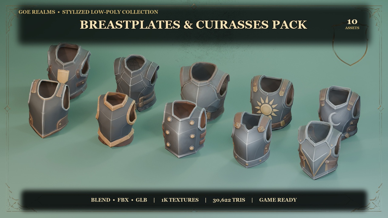 Media 1 for listing Stylized Breastplates & Cuirasses Pack – 10 Hand-Painted Props