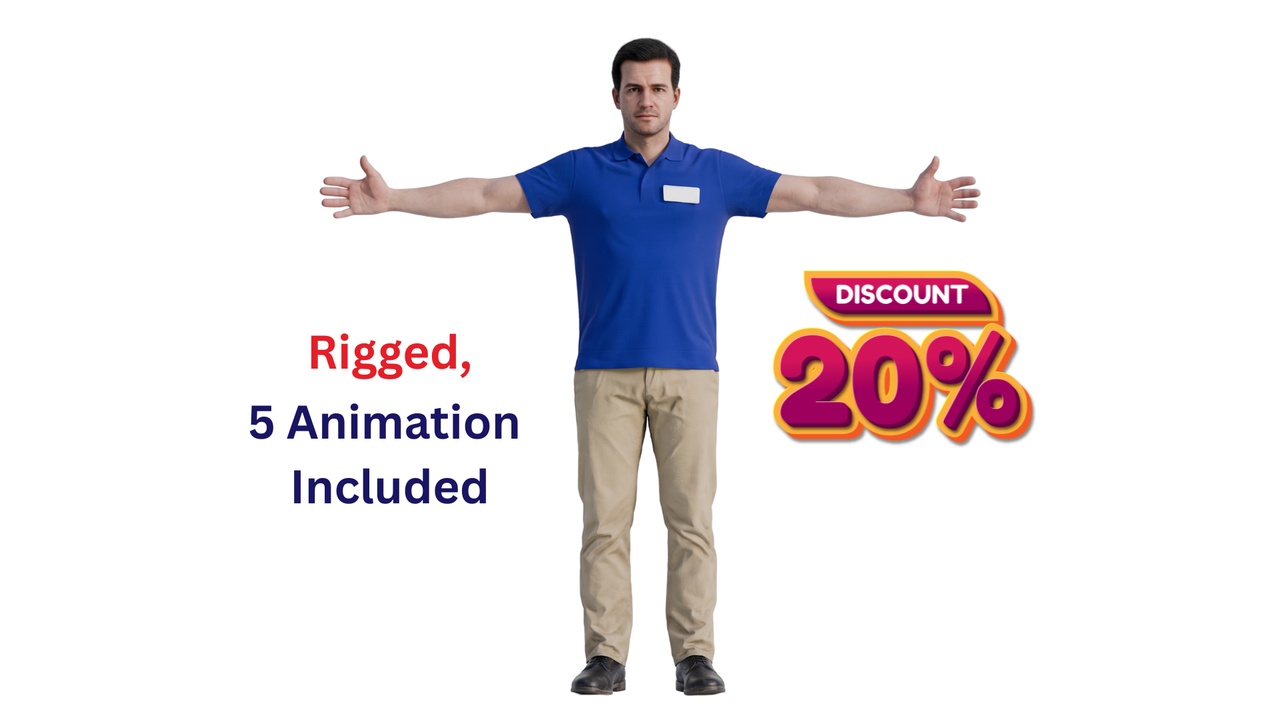 Media 1 for listing Realistic Rigged Male Retail Worker Store Staff Character with 5 Animations