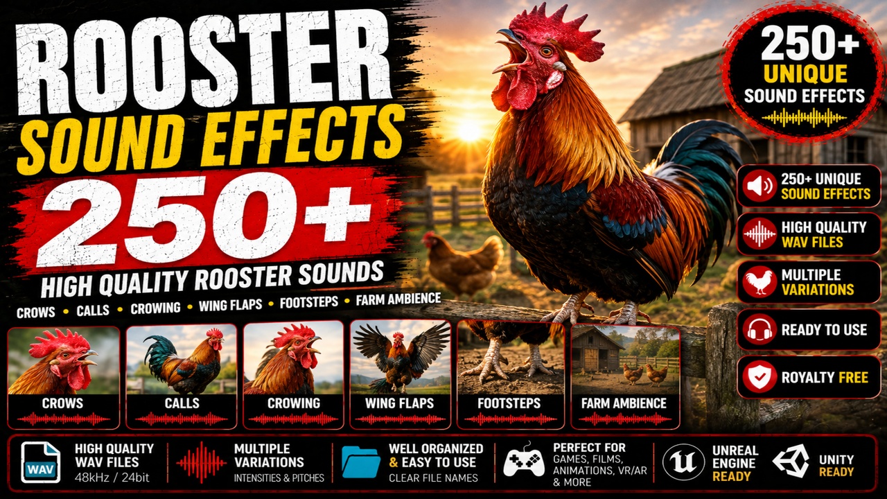 Media 1 for listing Rooster Sounds 250+ Sound Effects FX – High-Quality Rooster Crows, Calls & Farm