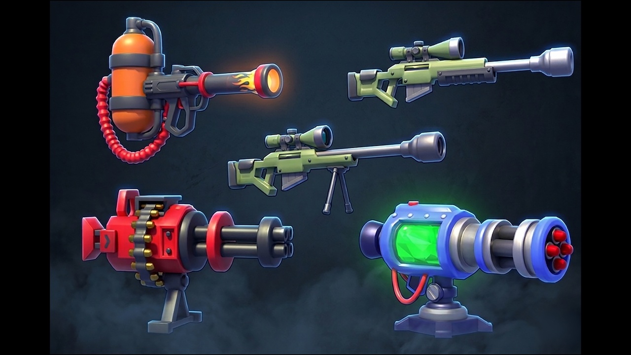 Media 1 for listing Realistic FPS Weapon & Turret Pack – Flamethrower, Gatling, Sniper with Bullets