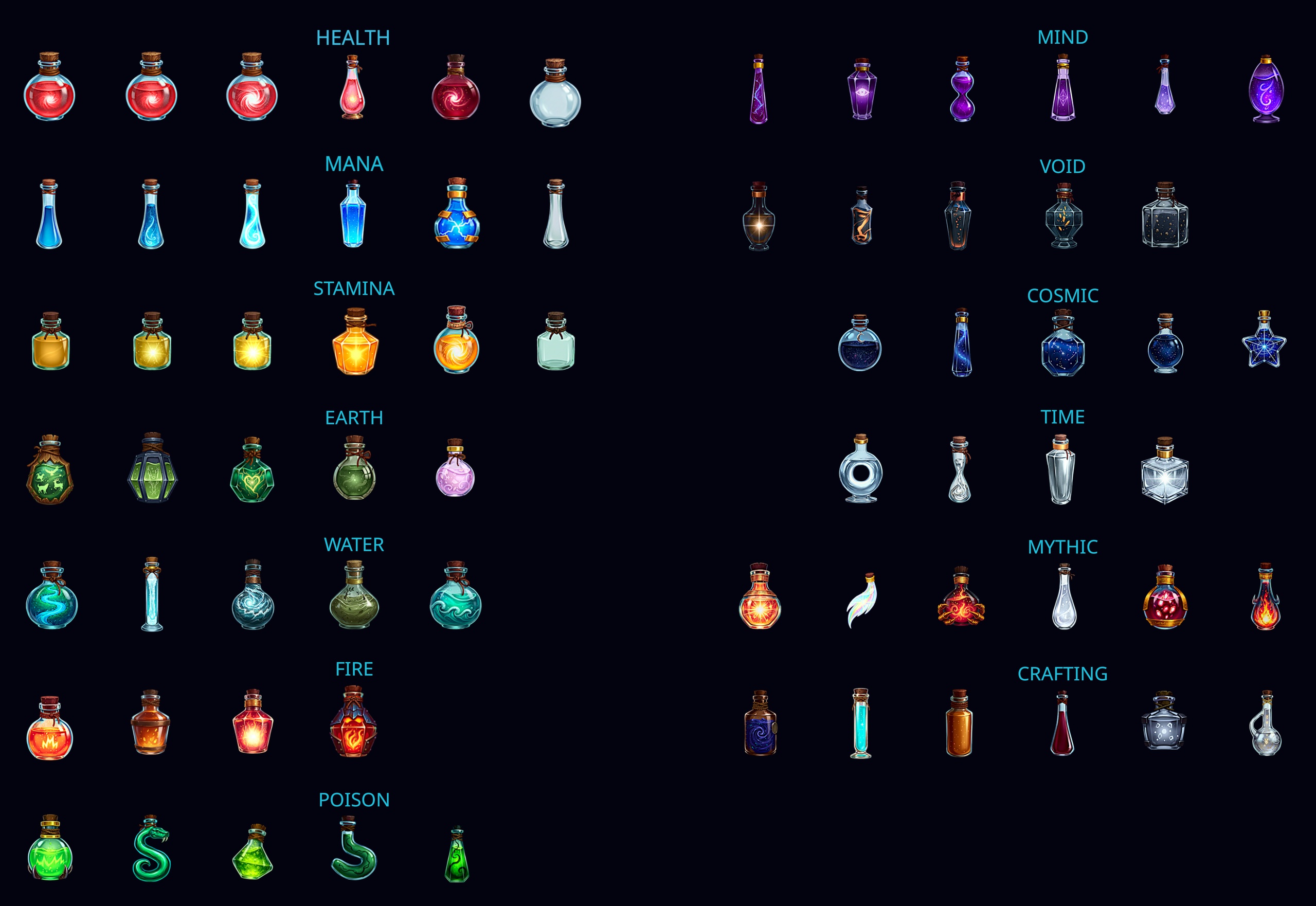 Media 1 for listing Stylized Fantasy RPG Potions - 66 Unique Icons (Polished & Game-Ready)