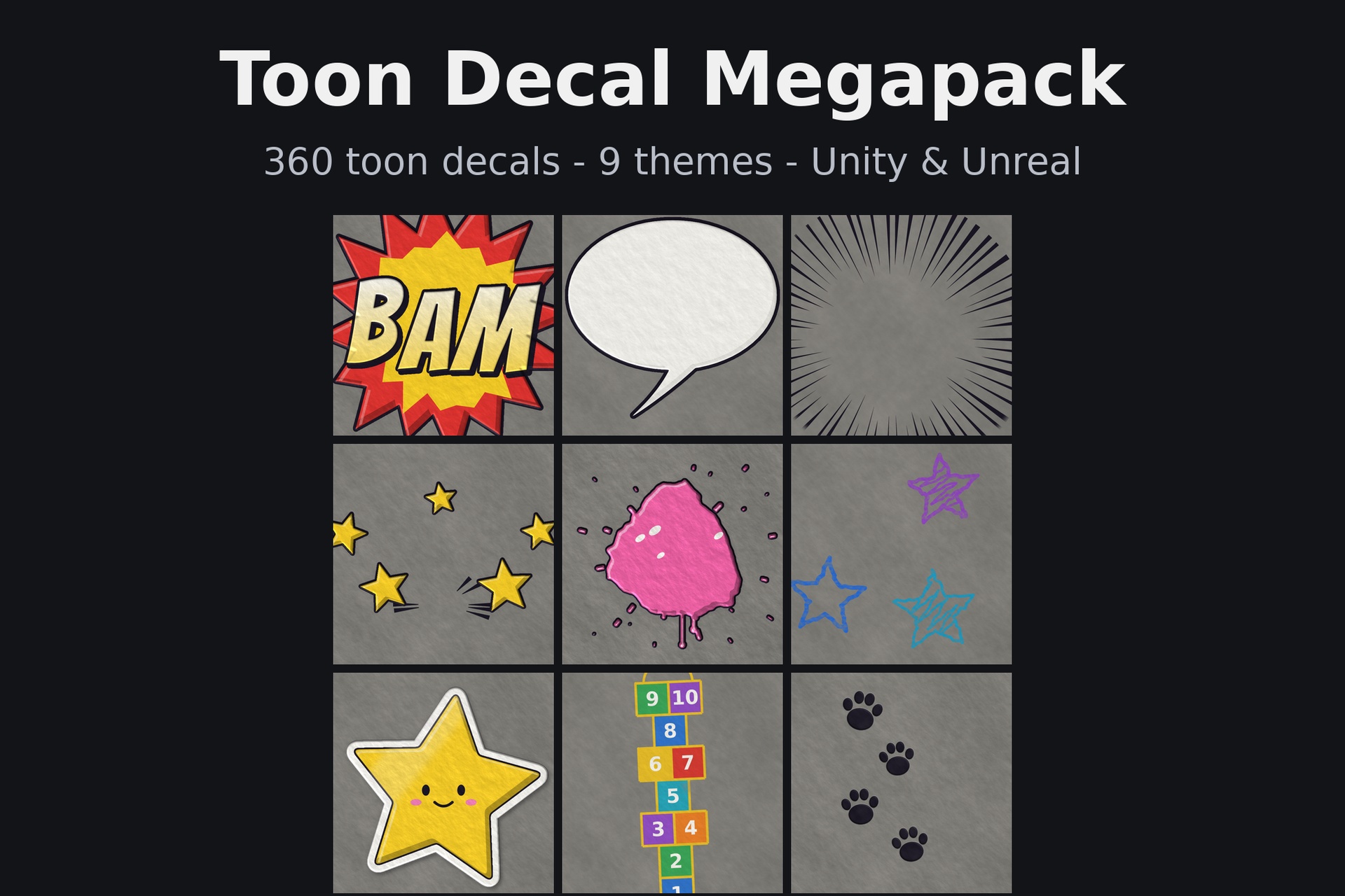 Media 1 for listing Toon Decal Megapack - 360 Decals for Unity & Unreal