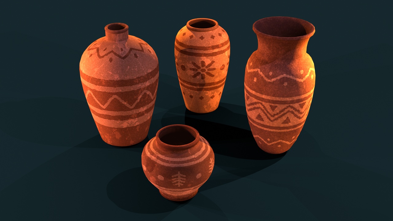 Media 1 for listing Pixel-Style Ceramic Vessels – Stylized Pottery Prop Set