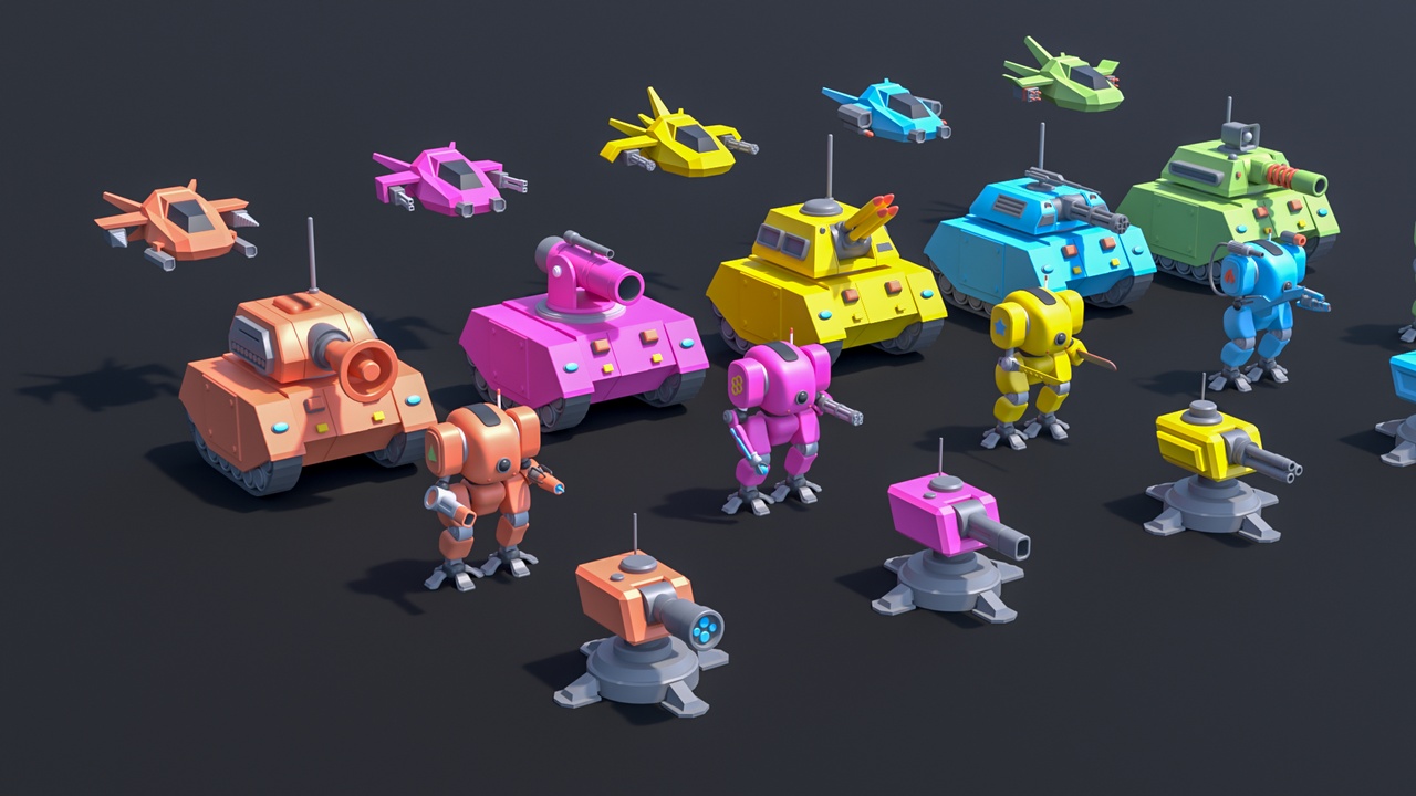 Media 1 for listing Stylized Sci-Fi Vehicles & Turrets Pack – Low Poly Tanks, Drones & Robots