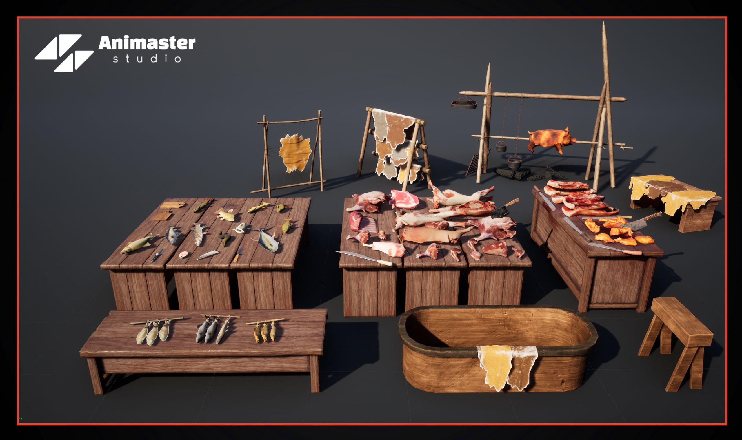 Media 1 for listing Medieval Meat & Fish Stall Props Pack – Butcher Shop & Fish Market Assets
