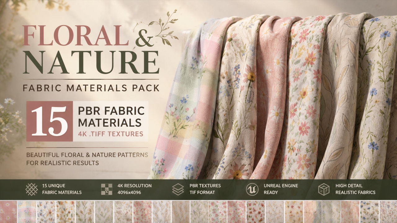 Media 1 for listing Floral & Nature Fabric Materials Pack – 15 PBR 4K Materials