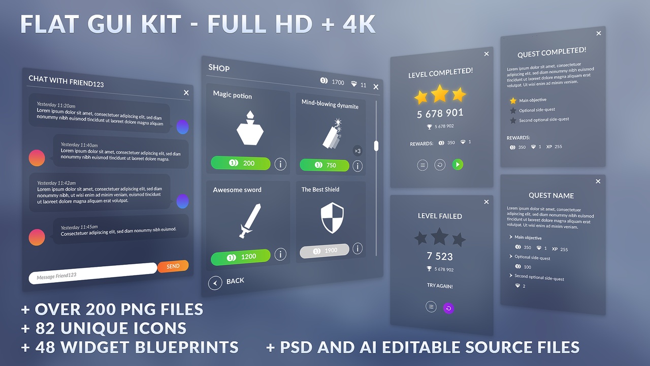 Media 1 for listing UNIVERSAL FLAT GUI/UI KIT + WIDGETS, ICONS, FOR HD/4K SCREENS, PSD SOURCES
