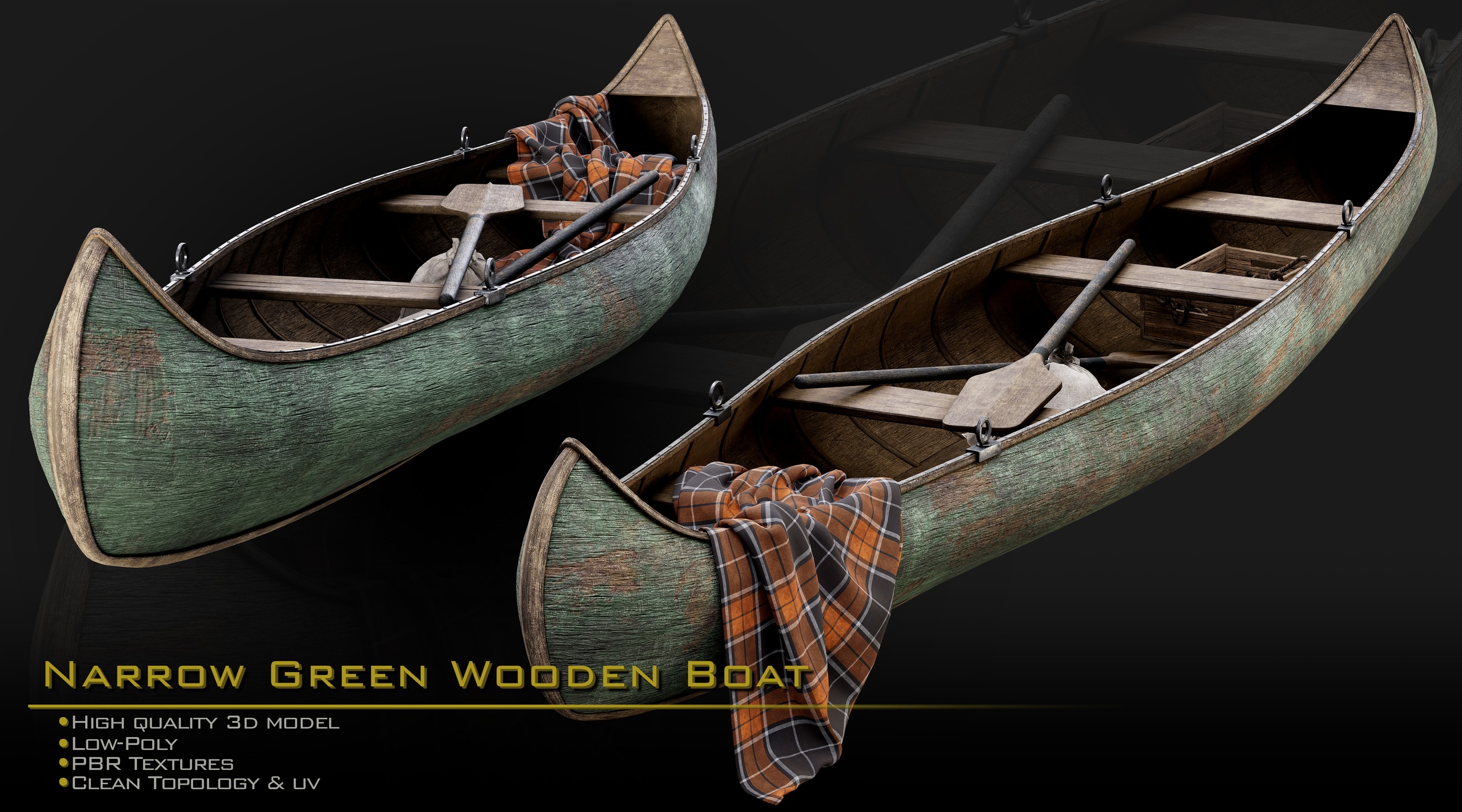 Media 1 for listing Narrow Green Wooden Boat - Medieval Style