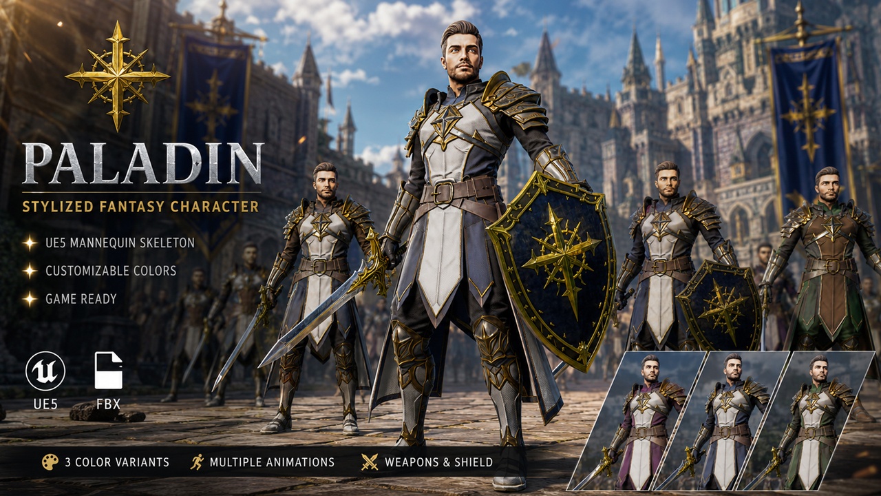 Media 1 for listing Stylized Fantasy Paladin | UE5 Mannequin Rig | Game ready