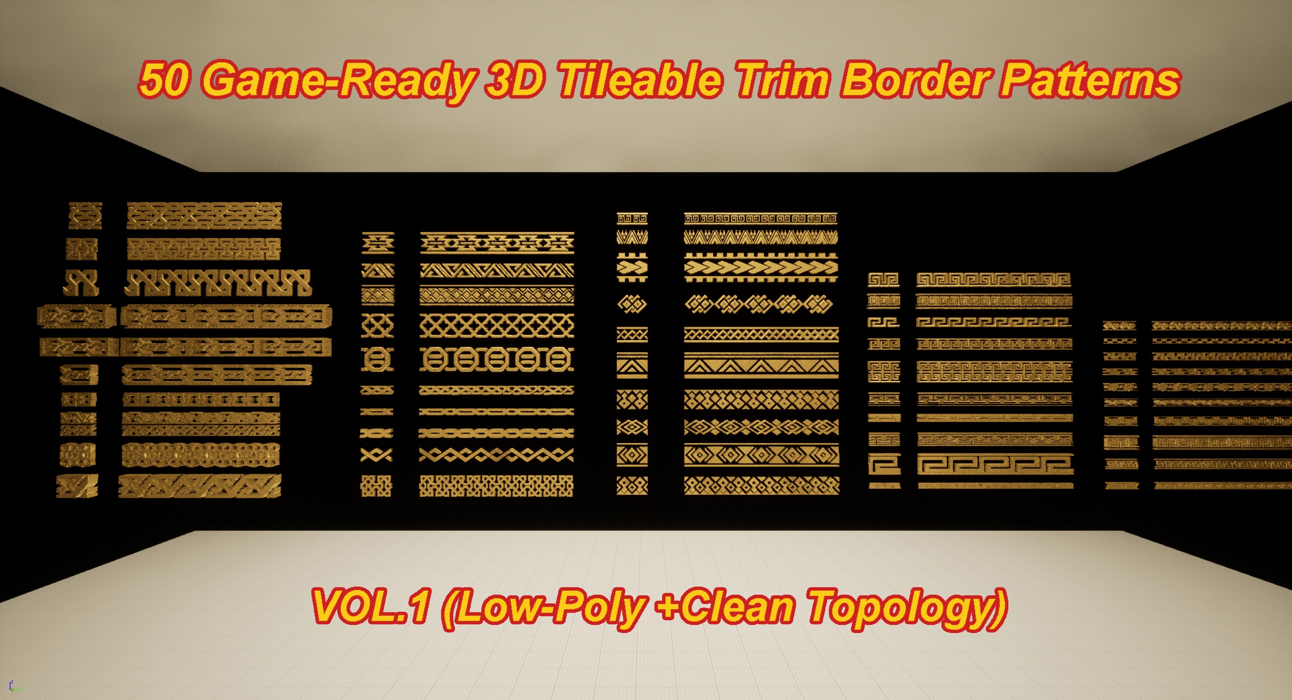 Media 1 for listing 50 Game-Ready 3D Tileable Trim Border Patterns VOL.1 (Low-Poly +Clean Topology)