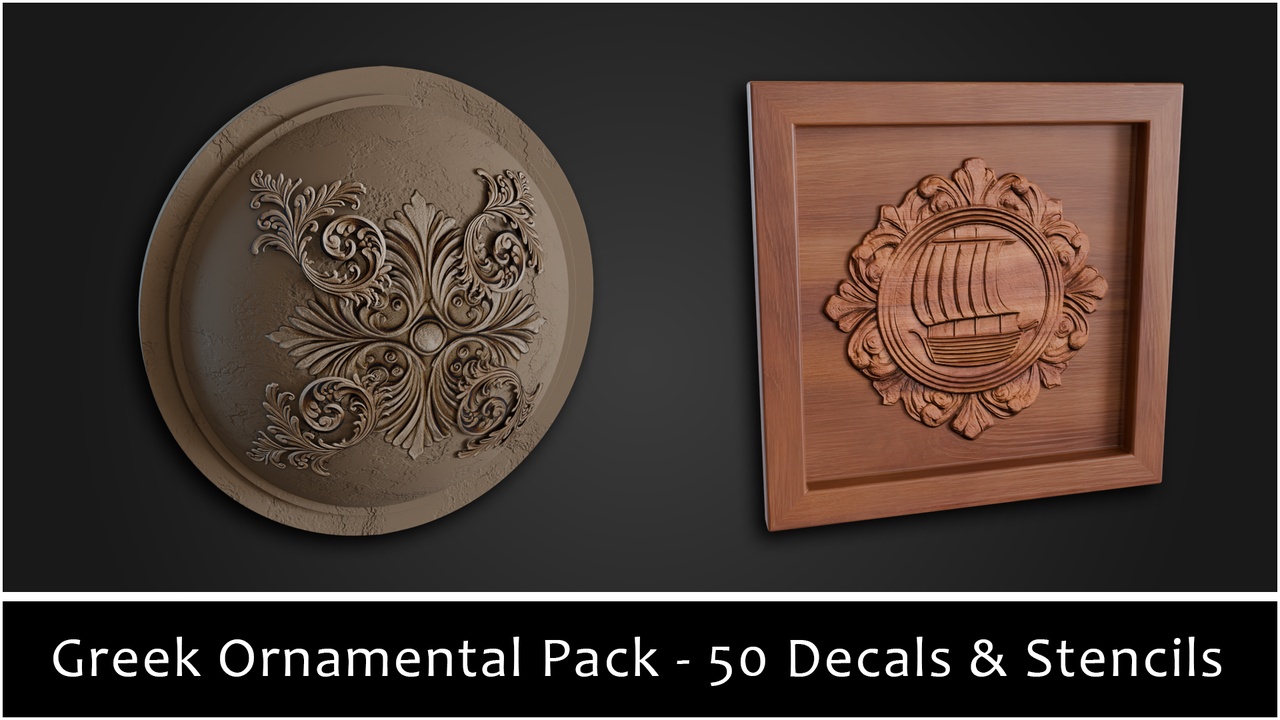 Media 1 for listing 3DT Greek Ornamental Pack – 50 Decals & Stencils for Blender, Substance Painter